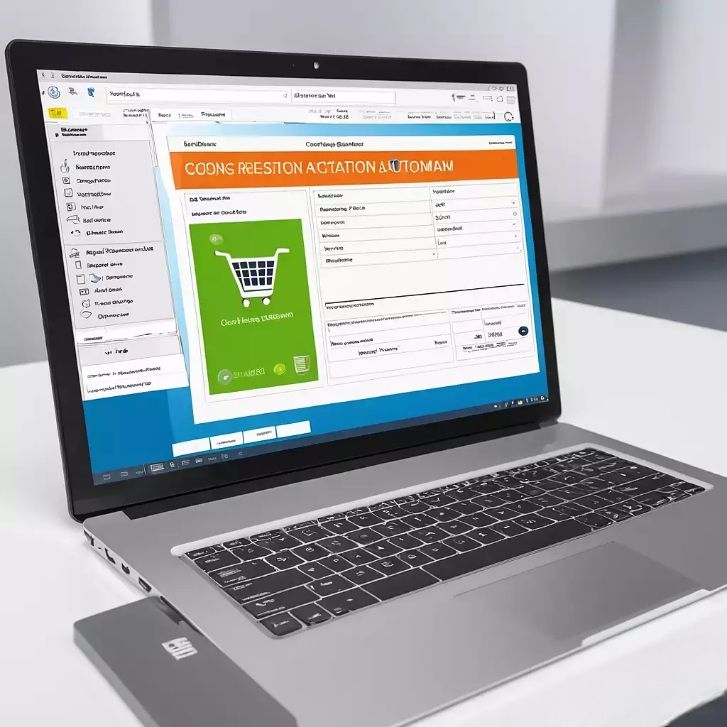 Imagem ilustrativa de um laptop exibindo uma interface de software para automação de cadastro de produtos